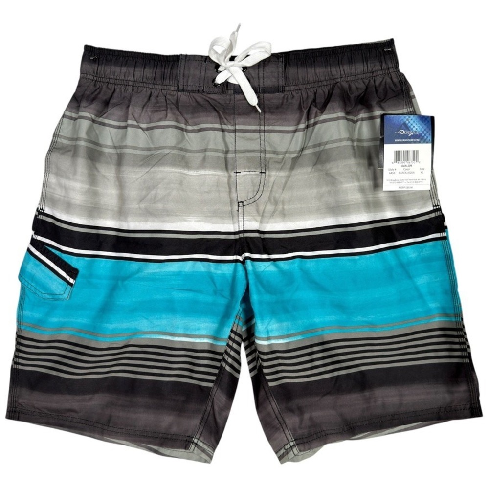 Kanu Surf Avalon Men's Swim Trunks Black Aqua Stripe XL NWT UPF 50+